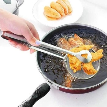 2-in-1 Stainless Steel Kitchen Tongs and Filter Spoon – Multi-Functional Fried Food Clip Tool