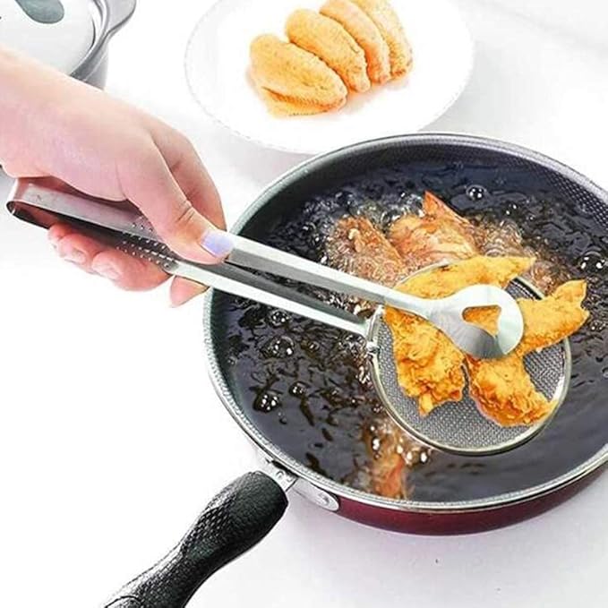 2-in-1 Stainless Steel Kitchen Tongs and Filter Spoon – Multi-Functional Fried Food Clip Tool