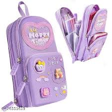 Cute Cartoon Backpack Style Pencil Case – Multi-Layer Zipper Stationery Organizer for Kids (Purple)