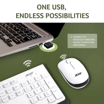 Acer Wireless Keyboard  Mouse Combo with Attractive Durable Design, 2.4GHz Nano Receiver, 10m Range, Indian Rupee Key Code, 1600 DPI, 10M Keystrokes Life for Microsoft Windows and Mac OS