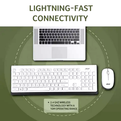 Acer Wireless Keyboard  Mouse Combo with Attractive Durable Design, 2.4GHz Nano Receiver, 10m Range, Indian Rupee Key Code, 1600 DPI, 10M Keystrokes Life for Microsoft Windows and Mac OS