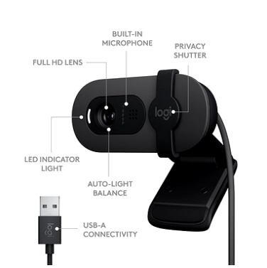 Logitech Brio 100 Full HD Webcam for Meetings and Streaming, Auto-Light Balance, Built-in Mic, Privacy Shutter, USB-A, for Microsoft Teams, Google Meet, Zoom and More- Graphite