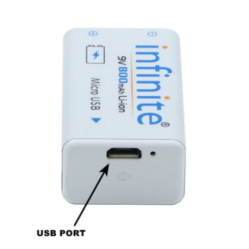 Infinite 9volt 800mAh USB Rechargeable Li-ion Battery with USB charging Port for Toys, gaming controller ERB-9V-MU