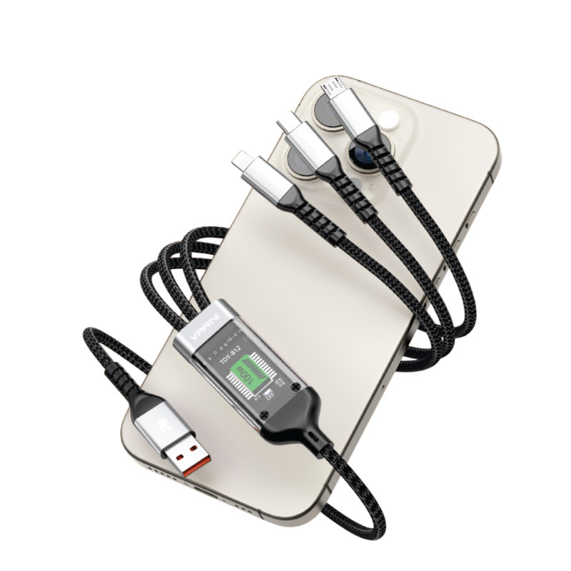 VARNI Data cable 3-in-1 100W super fast cable with Quick charging, Smart display, data transfer, 3 output micro, type-c and lightning cable metal cable LASER