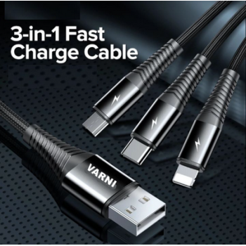 VARNI Data cable 3-in-1 100W super fast cable with Quick charging, Smart display, data transfer, 3 output micro, type-c and lightning cable metal cable LASER