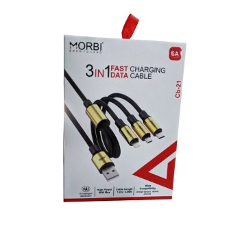 MORBI 3 in 1 Data fast charging cable 1 input USB port AND 3 output port type-C, lighting, micro USB thick braided cable 60W cb-21