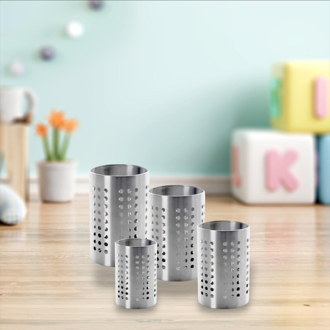 Stainless Steel Spoon Stand Cutlery Holder with Design of cut-out circles combo pack of (4pc) big size and small size