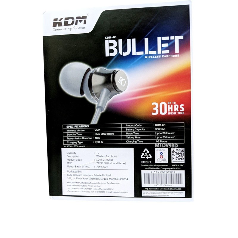 KDM Wireless Bluetooth neckband with up to 30hrs music time HD sound quality magnetic finishing KDM-G1 BULET