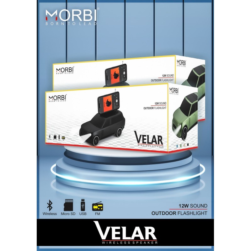 Morbi car Bluetooth speaker with UP TO 5H play time wireless, Outdoor flash light, FM Radio, USB, Memory card and 12W SPUER Sound