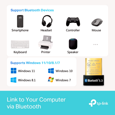 TP-Link USB Bluetooth Adapter for PC, 5.3 Bluetooth Dongle Receiver UB500 Supports Windows 11/10/8.1/7 for Desktop, Laptop, Mouse, Keyboard, Printers, Headsets, Speakers, PS4/ Xbox Controllers.