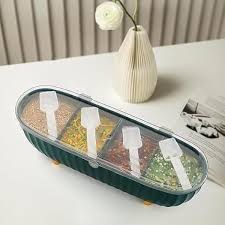 Multipurpose Dry Food Storage Box with 3 Compartments & Spoons – Cereal, Pulses, Spices Organizer