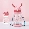 Cute Cartoon Water Bottle for Kids – Transparent Plastic Sipper with Strap & Reindeer Cap Design (Bunny Print)