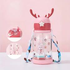 Cute Cartoon Water Bottle for Kids – Transparent Plastic Sipper with Strap & Reindeer Cap Design (Bunny Print)