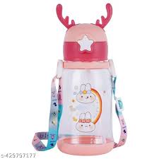 Cute Cartoon Water Bottle for Kids – Transparent Plastic Sipper with Strap & Reindeer Cap Design (Bunny Print)