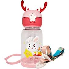 Cute Cartoon Water Bottle for Kids – Transparent Plastic Sipper with Strap & Reindeer Cap Design (Bunny Print)
