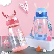 Cute Cartoon Water Bottle for Kids – Transparent Plastic Sipper with Strap & Reindeer Cap Design (Bunny Print)