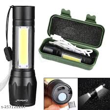 Rechargeable LED Torch Light with Side COB Lamp, USB Charging Flashlight with Carry Case