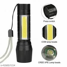 Rechargeable LED Torch Light with Side COB Lamp, USB Charging Flashlight with Carry Case