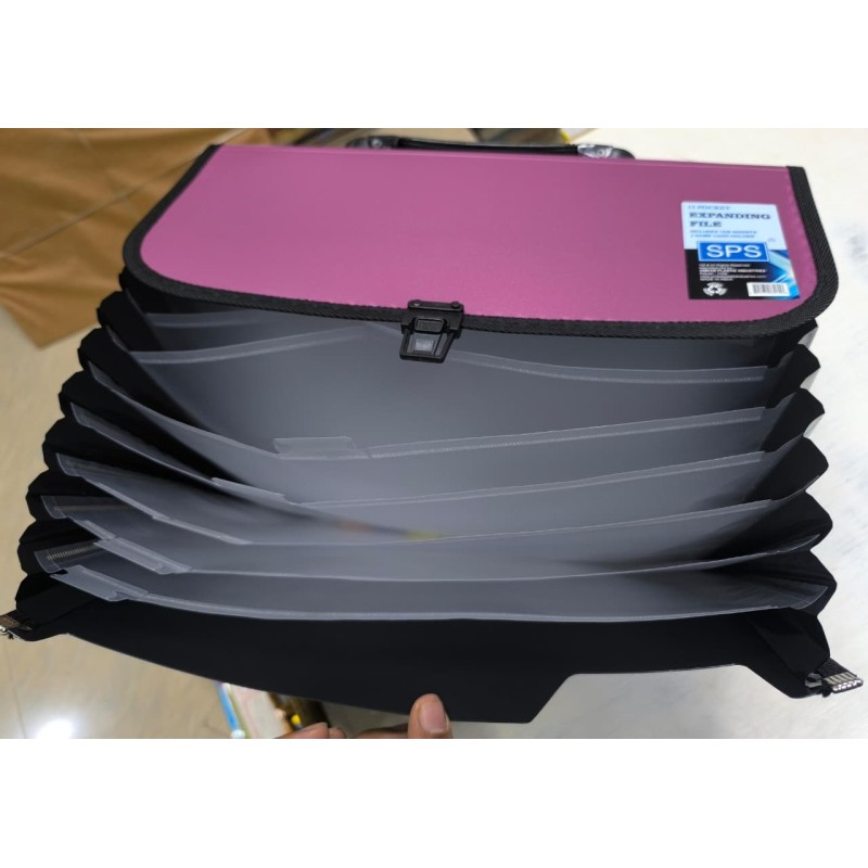 A4 Expanding File Folder with Handle & Lock – Multi-Pocket Document Organizer (Black & Purple)