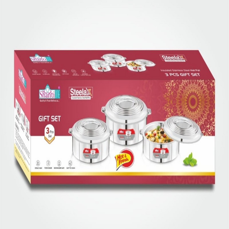 Shanti One Steelax Insulated Stainless Steel Hot Pot Set – 3 Pcs Gift Set | Casserole Food Warmer (1000 ml 1500 ml 2000ml)