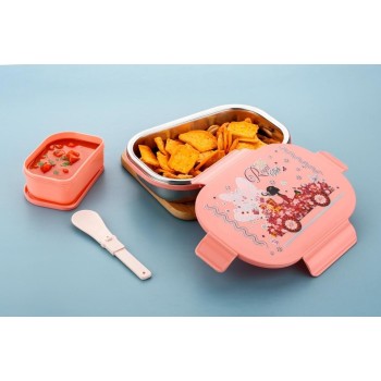 Kids Cartoon Printed Stainless Steel Lunch Box with Soup Container & Spoon – Pink