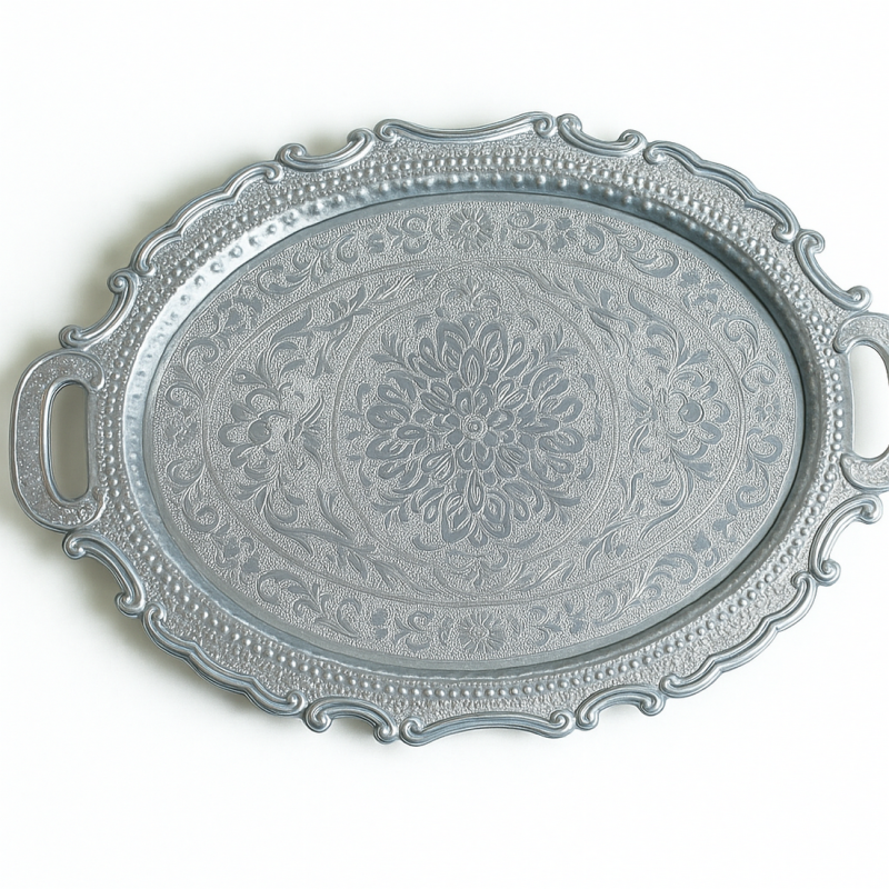 Khushi Designer Serving Tray – Elegant Silver Finish Decorative & Multi-Purpose Tray with Handles
