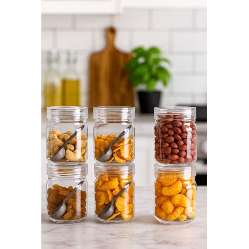 Plastic Kitchen Storage Jar Set with Spoon 6 Piece Transparent Containers for Spices, Dry Fruits & Snacks