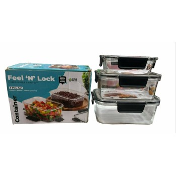 Airtight Glass-Look Plastic Food Storage Container Set with Locking Lids – 3 Piece Rectangular Boxes