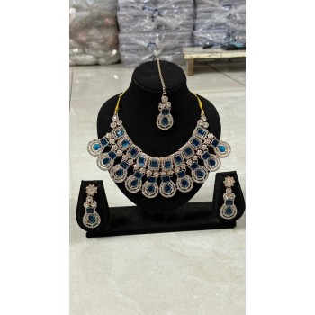 Silver Plated Multicolor  Stone Necklace Set with Earrings & Maang Tikka | Bridal & Party Wear Jewelry