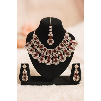 Silver Plated Multicolor  Stone Necklace Set with Earrings & Maang Tikka | Bridal & Party Wear Jewelry