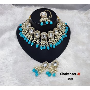 Kundan Pearl  Multicolor  Stone Choker Necklace Set | Bridal Jewelry with Earrings and  Maang Tikka