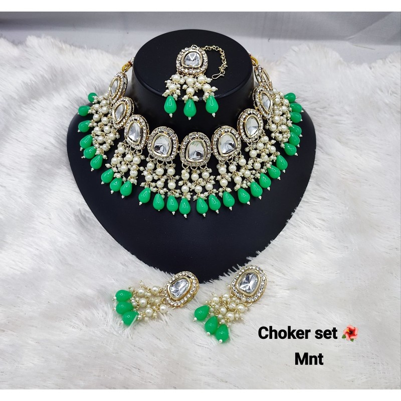 Kundan Pearl  Multicolor  Stone Choker Necklace Set | Bridal Jewelry with Earrings and  Maang Tikka