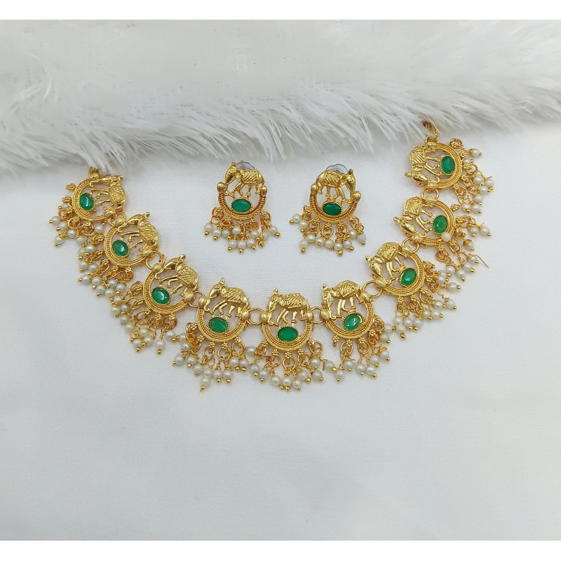Gold Plated Temple Necklace Set with Multicolor Stone & Pearl Drops | Traditional Jewelry for Women