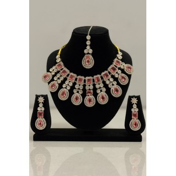 Gold Plated Multicolor  Stone Necklace Set with Earrings & Maang Tikka | Bridal Jewelry for Women