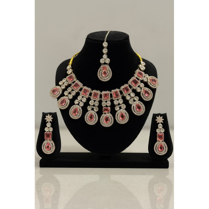 Gold Plated Multicolor  Stone Necklace Set with Earrings & Maang Tikka | Bridal Jewelry for Women