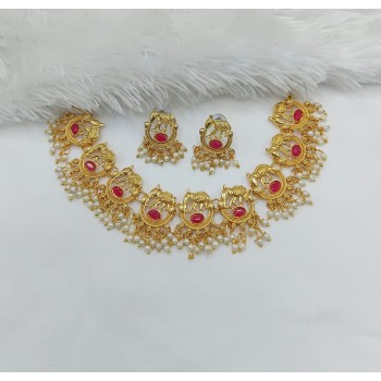 Gold Plated Temple Necklace Set with Multicolor Stone & Pearl Drops | Traditional Jewelry for Women