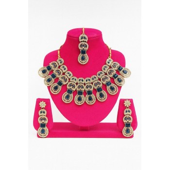 Gold Plated Multicolor  Stone Necklace Set with Earrings & Maang Tikka | Bridal Jewelry for Women
