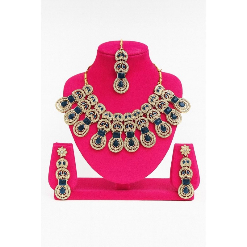 Gold Plated Multicolor  Stone Necklace Set with Earrings & Maang Tikka | Bridal Jewelry for Women
