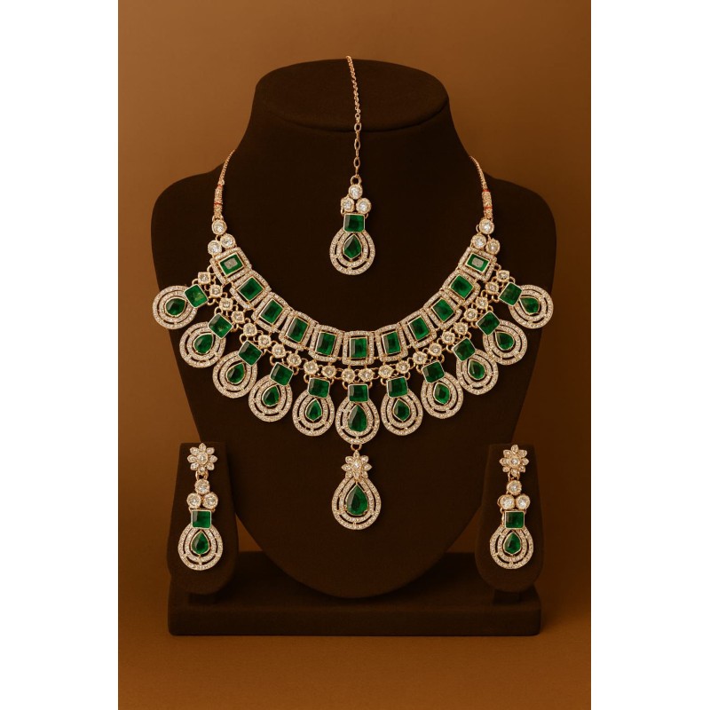Gold Plated Multicolor  Stone Necklace Set with Earrings & Maang Tikka | Bridal Jewelry for Women