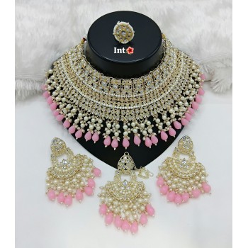Kundan Pearl and Multicolor Choker Necklace Set  | Bridal Jewelry with Earrings and Ring