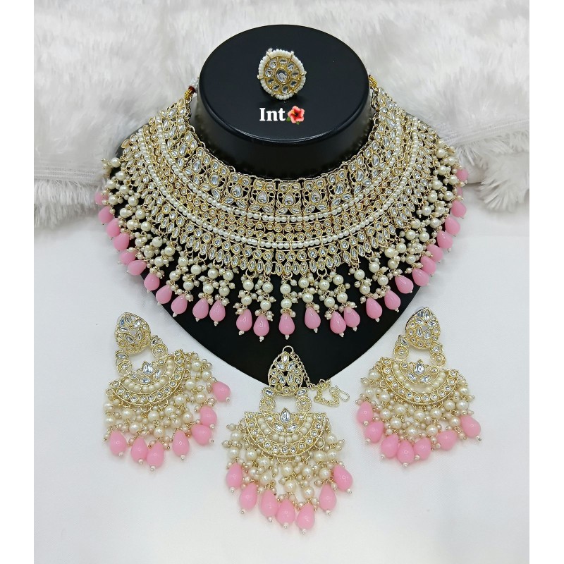 Kundan Pearl and Multicolor Choker Necklace Set  | Bridal Jewelry with Earrings and Ring