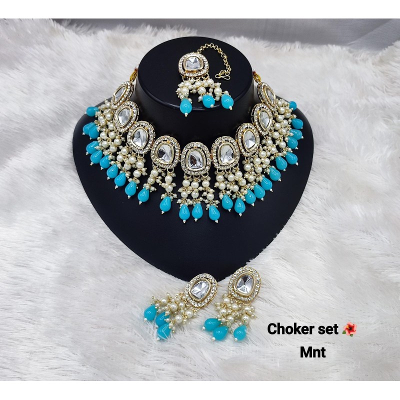 Kundan Pearl & Multicolor Stone Choker Necklace Set with Earrings & Maang Tikka | Bridal Jewelry