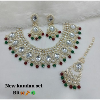 Kundan Necklace Set with Multicolor Beads | Bridal Jewellery with Earrings and  Maang Tikka