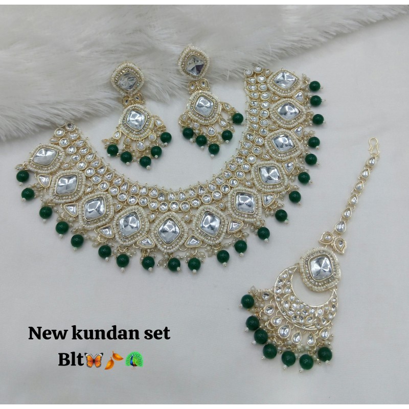 Kundan Necklace Set with Multicolor Beads | Bridal Jewellery with Earrings and  Maang Tikka