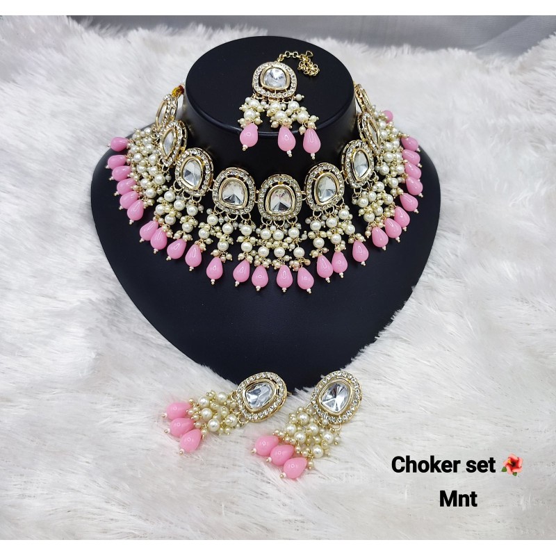 Kundan Pearl  Multicolor  Stone Choker Necklace Set | Bridal Jewelry with Earrings and  Maang Tikka