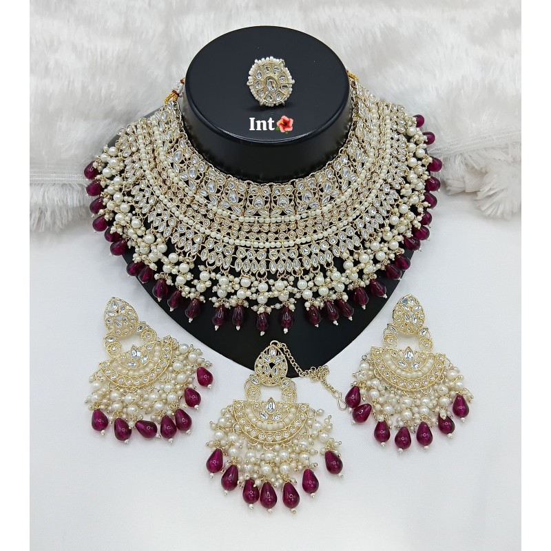 Kundan Pearl and Multicolor Choker Necklace Set  | Bridal Jewelry with Earrings and Ring