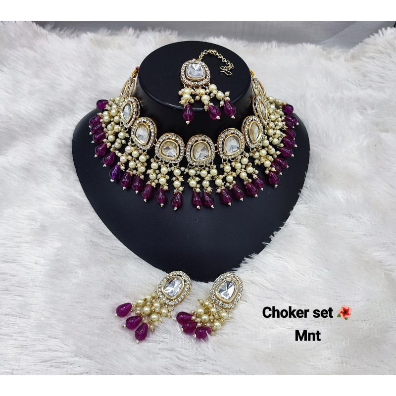 Kundan Pearl  Multicolor  Stone Choker Necklace Set | Bridal Jewelry with Earrings and  Maang Tikka