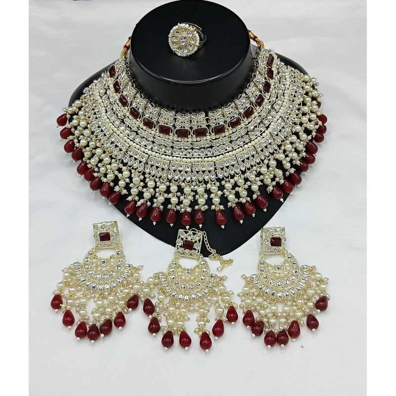 Kundan Pearl and Multicolor Choker Necklace Set  | Bridal Jewelry with Earrings and Ring