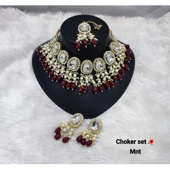 Kundan Pearl & Multicolor Stone Choker Necklace Set with Earrings & Maang Tikka | Bridal Jewelry