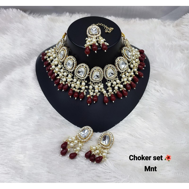 Kundan Pearl & Multicolor Stone Choker Necklace Set with Earrings & Maang Tikka | Bridal Jewelry